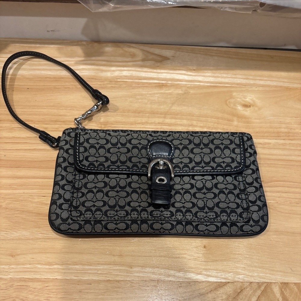 Coach Signature Jacquard Wristlet Black Grey Buckle Flap Zip Pouch